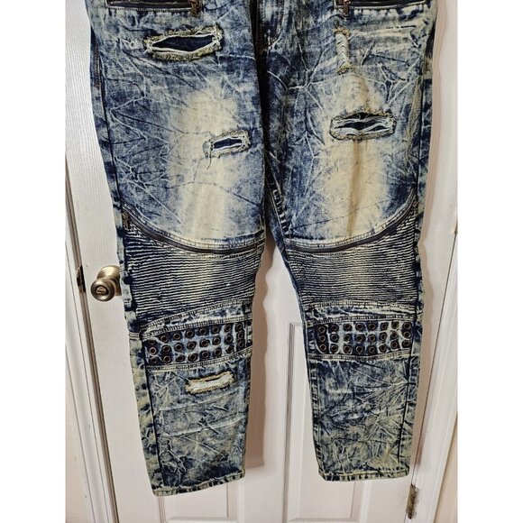 Makobi Jeans Moto Biker Blue Acid Wash Distressed Denim Mens 42x32 - Picture 3 of 12